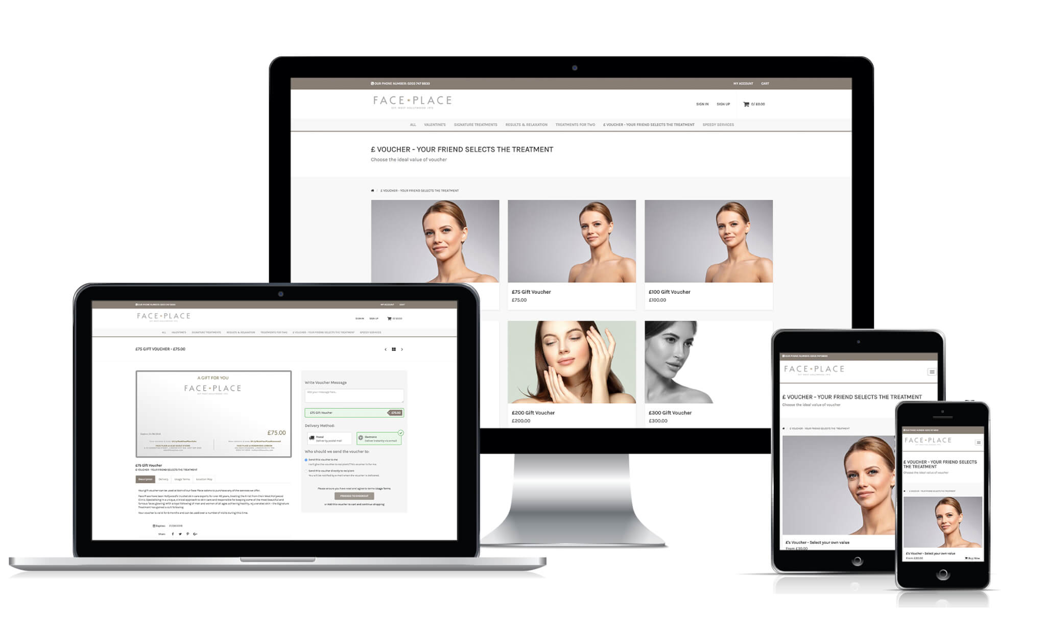 VoucherCart sales page mockup for Face Place London
