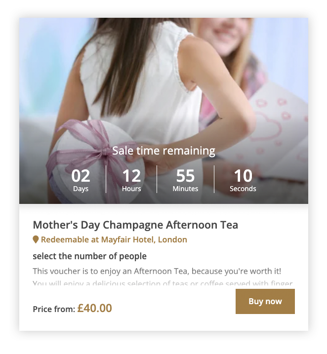 Example of a Mother's Day Afternoon Tea voucher with a countdown timer as viewed by an ecommerce buyer