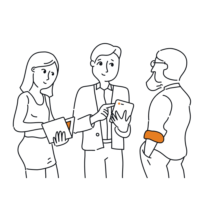 Doodle of three people in conversation, one holding a tablet and another holding a folded card, representing guest acquisition and retention.