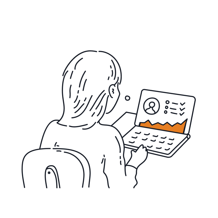 Doodle of a team member analysing customer data on a laptop, representing segmentation and targeting using gifting and CRM data.
