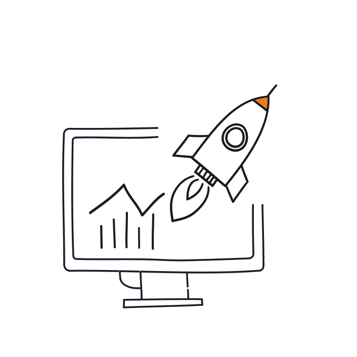 Doodle of a computer screen showing an upward revenue graph with a rocket launching, representing revenue growth from voucher and gift card sales.