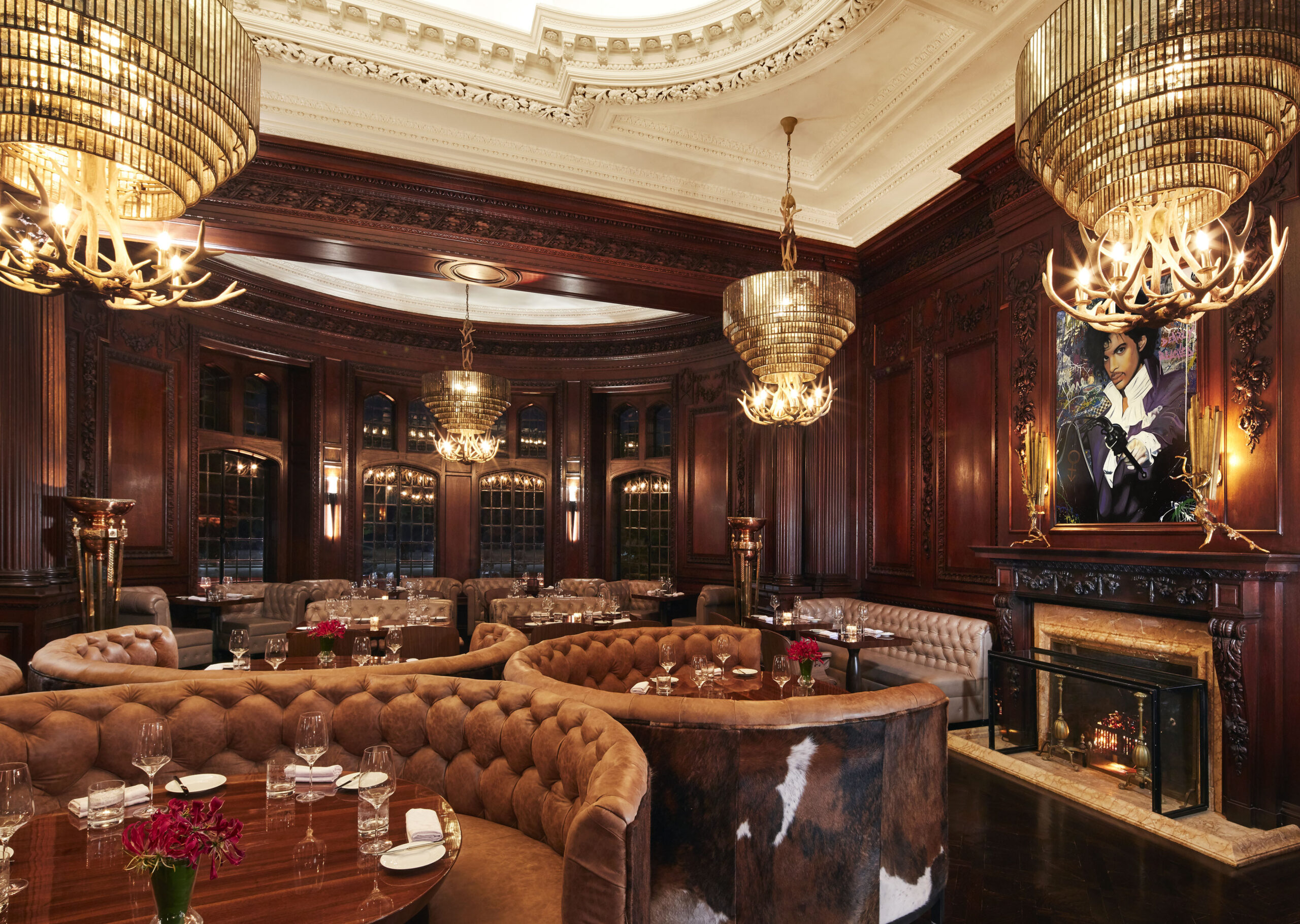 Photograph of The Oak Room at BlueBlood Steakhouse, an upscale, heritage dining space located inside Casa Loma castle in Toronto, Canada.