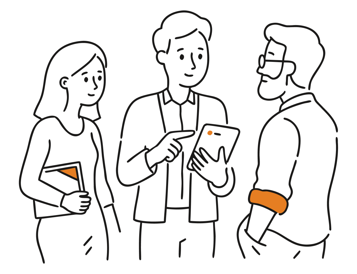 Doodle of three people in conversation, one holding a tablet and another holding a folded card, representing guest acquisition and retention.