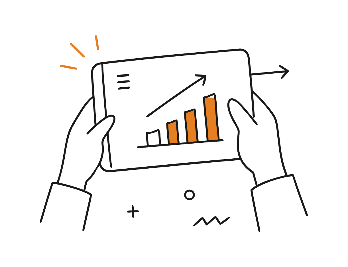 Doodle of a tablet displaying a growth graph with an upwards arrow.