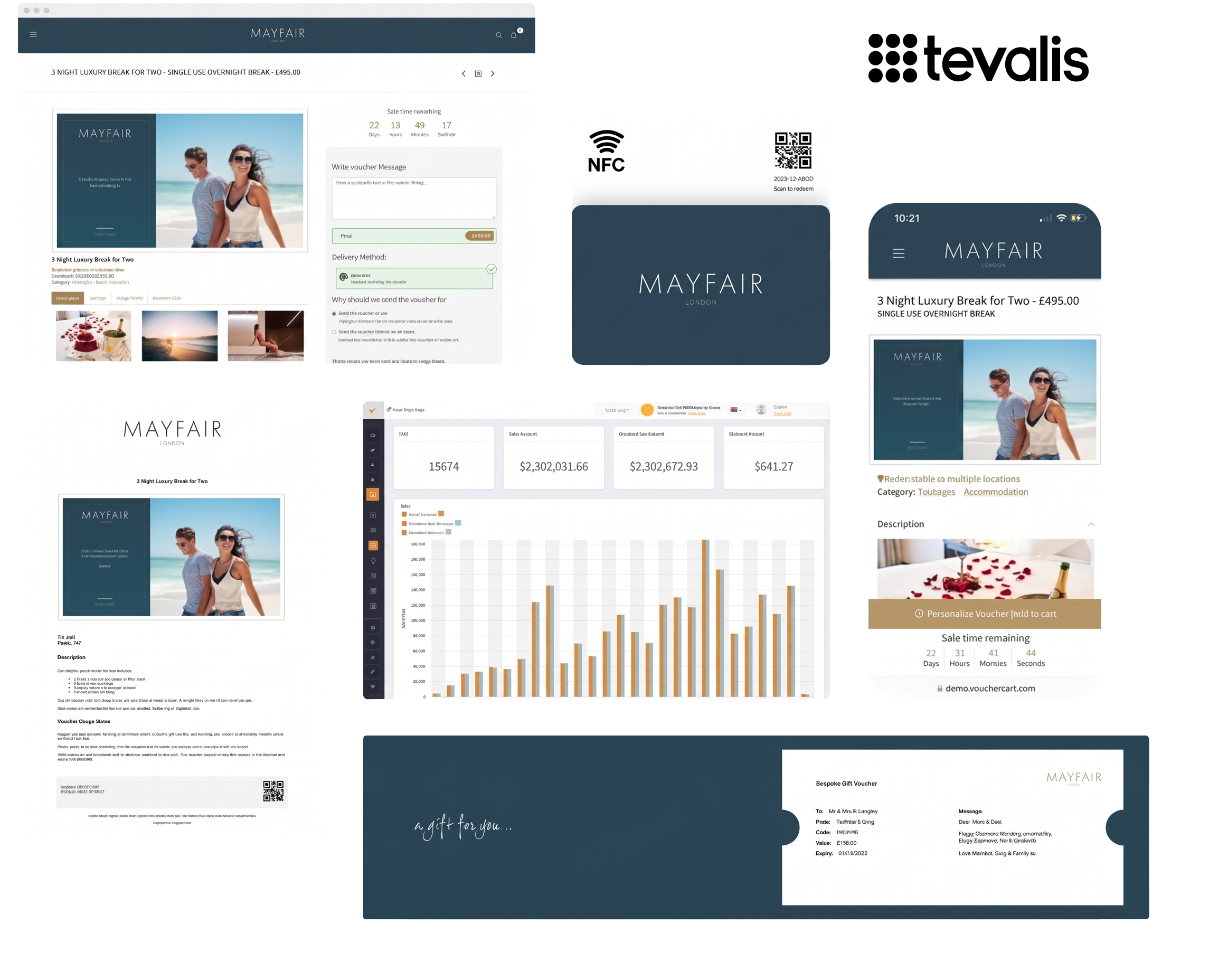 VoucherCart prepaid revenue platform integrated with Tevalis POS, showing the online purchase journey, digital and mobile gift cards, analytics dashboard, and physical gift card formats.