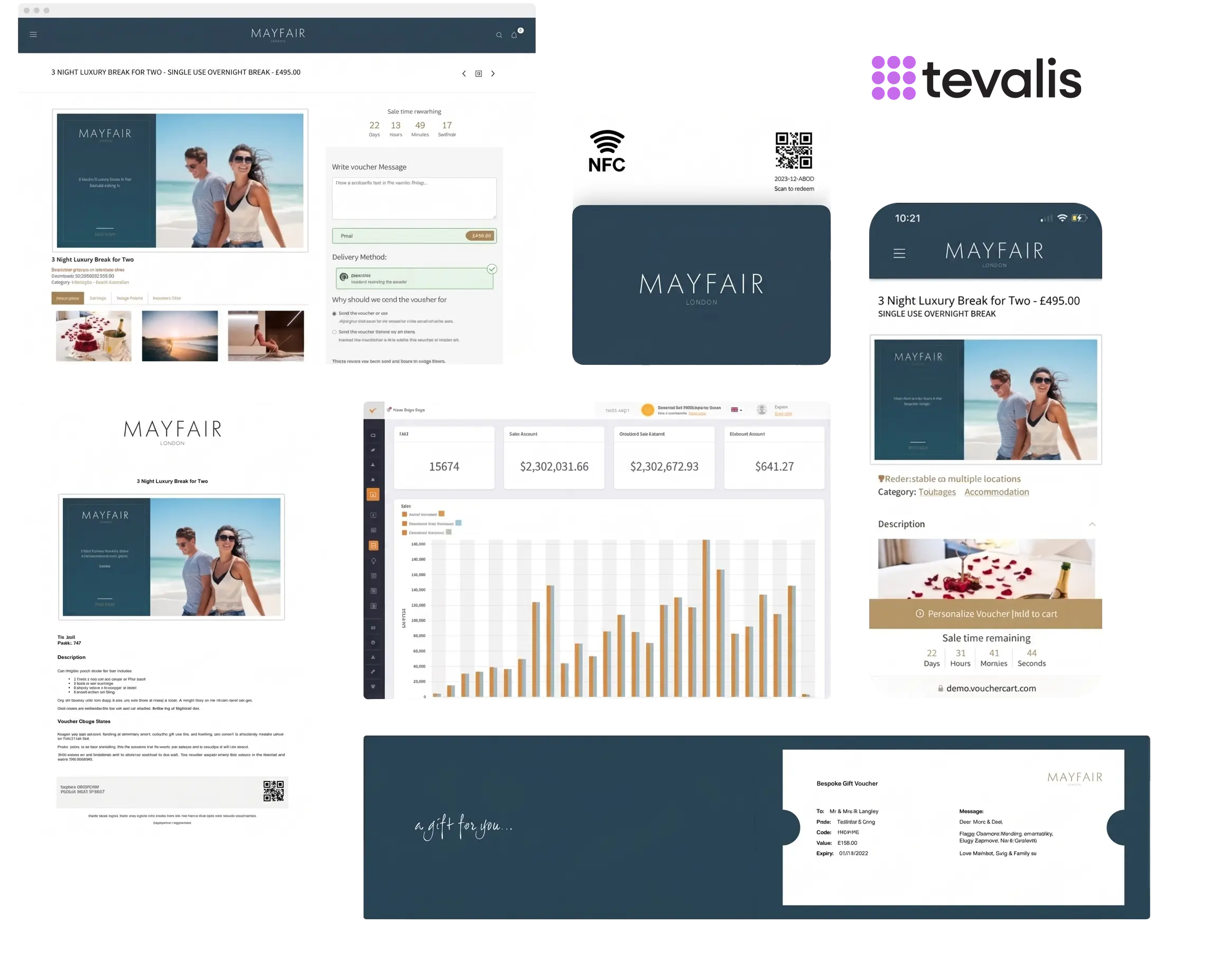 VoucherCart prepaid revenue platform integrated with Tevalis POS, showing the online purchase journey, digital and mobile gift cards, analytics dashboard, and physical gift card formats.