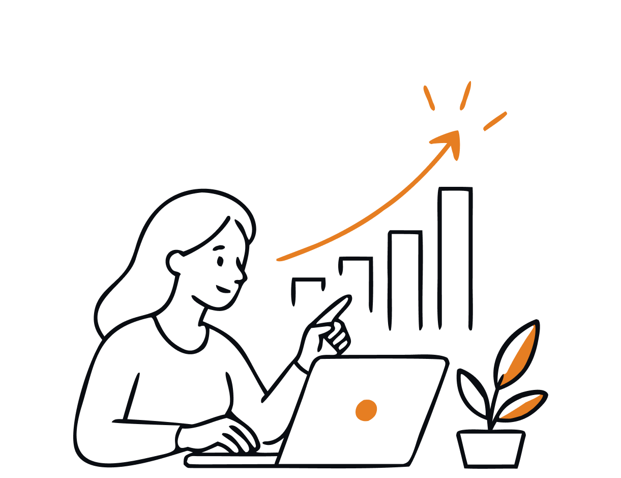 Doodle of a spa manager using a laptop with a revenue growth graph behind her.