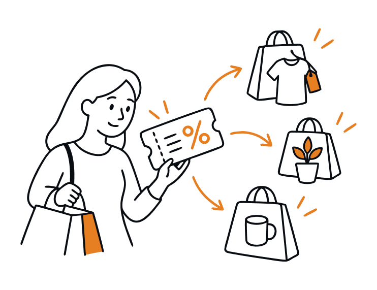 Doodle of a woman holding a gift voucher, with arrows representing spend that point to shopping bags, each with a different item: t-shirt, pot plant, and coffee mug.