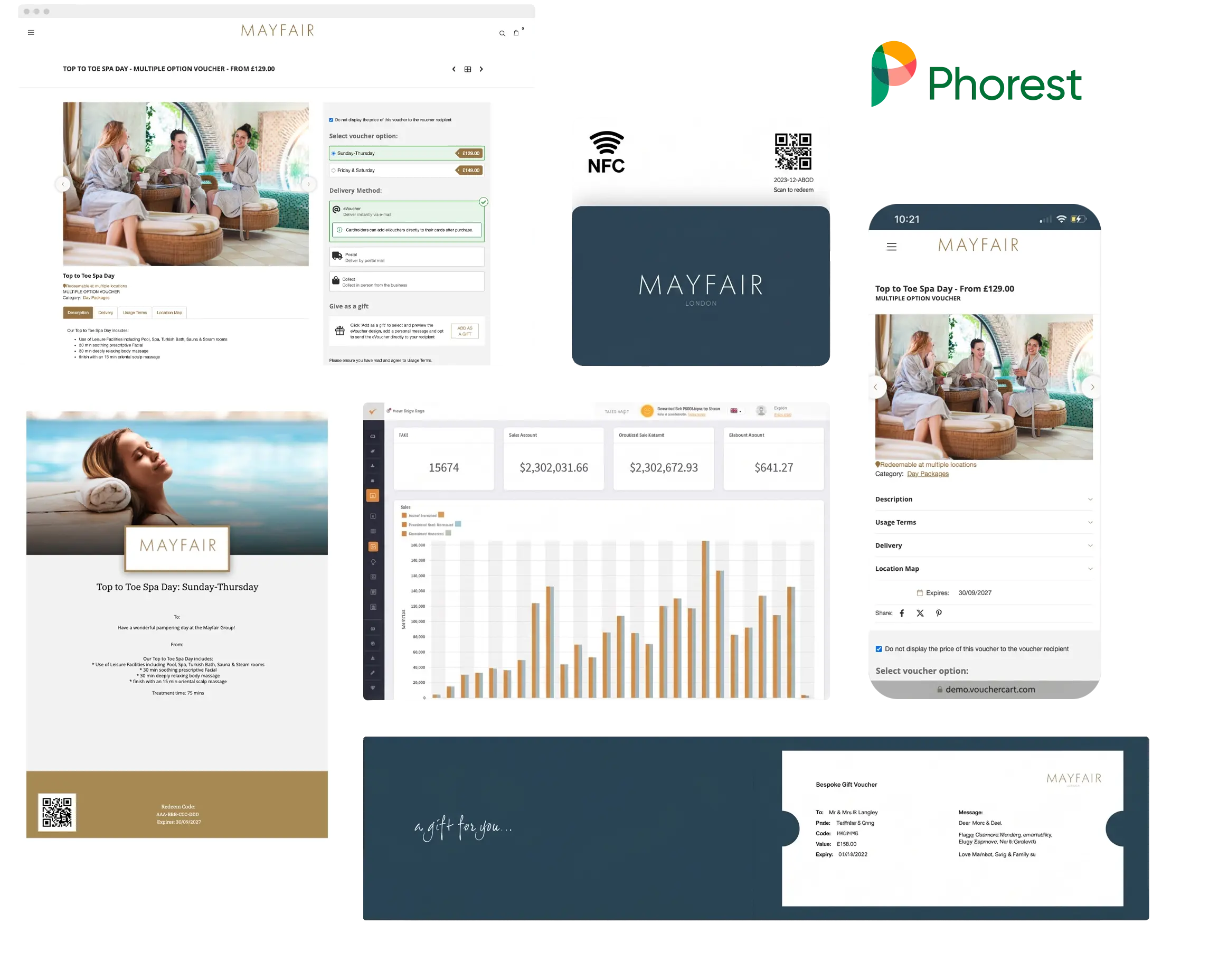 VoucherCart prepaid revenue platform integrated with Phorest, showing the online purchase journey, digital and mobile gift cards, analytics dashboard, and physical gift card formats.