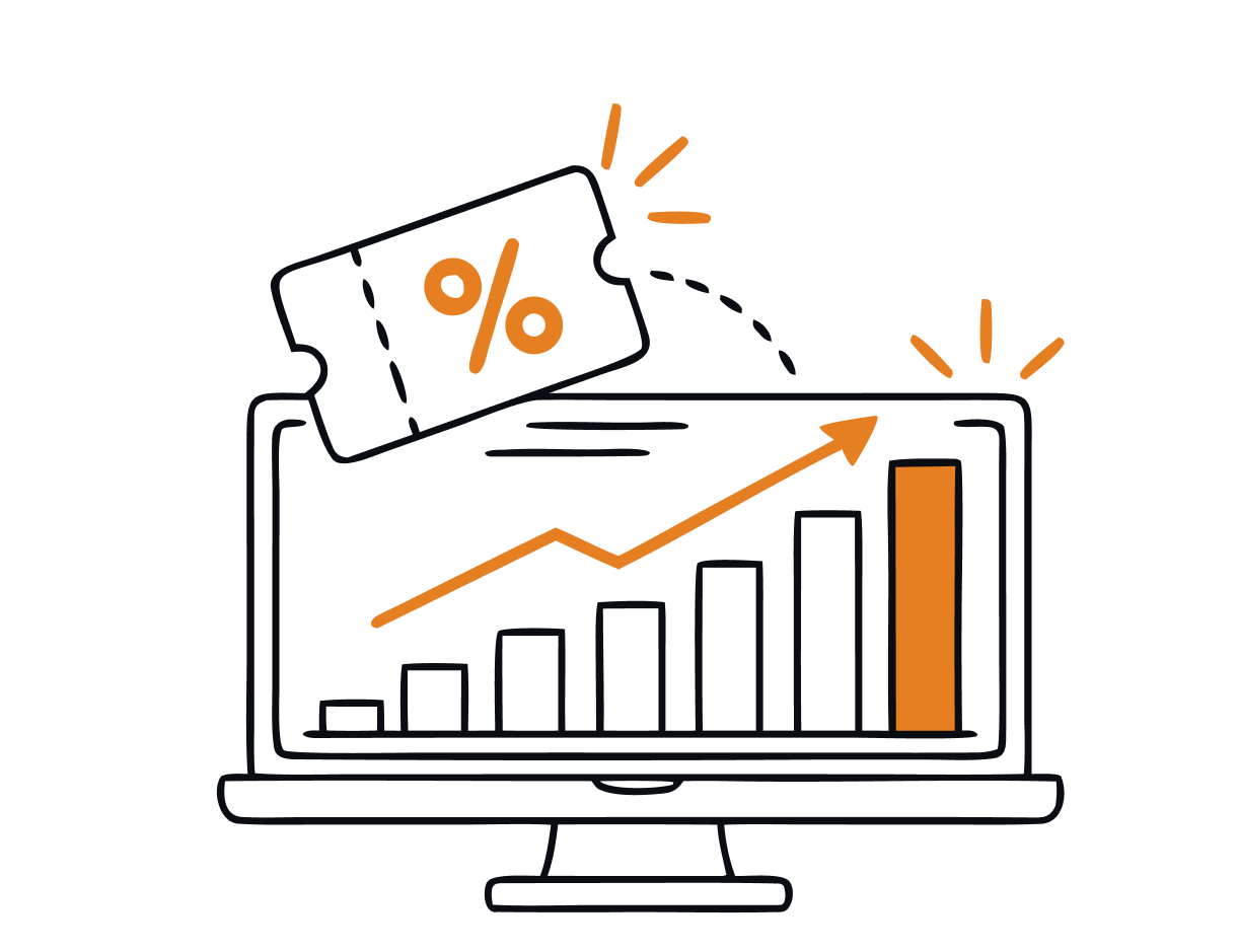Doodle of a desktop screen displaying a revenue growth graph, with a voucher icon connected to it.