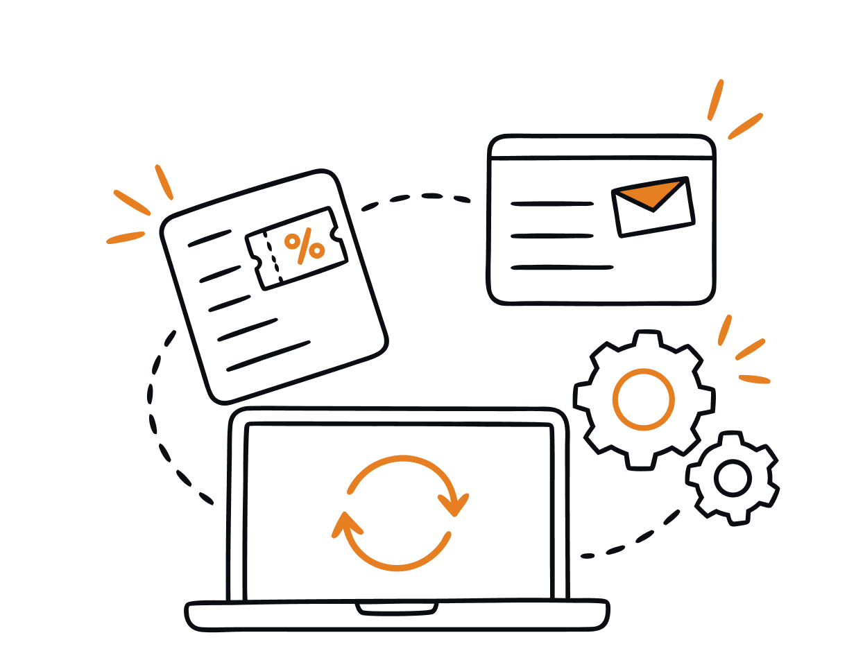 Doodle of gift voucher operational efficiency, showing a laptop with an automatic sync symbol, gift vouchers, and turning cog icons.
