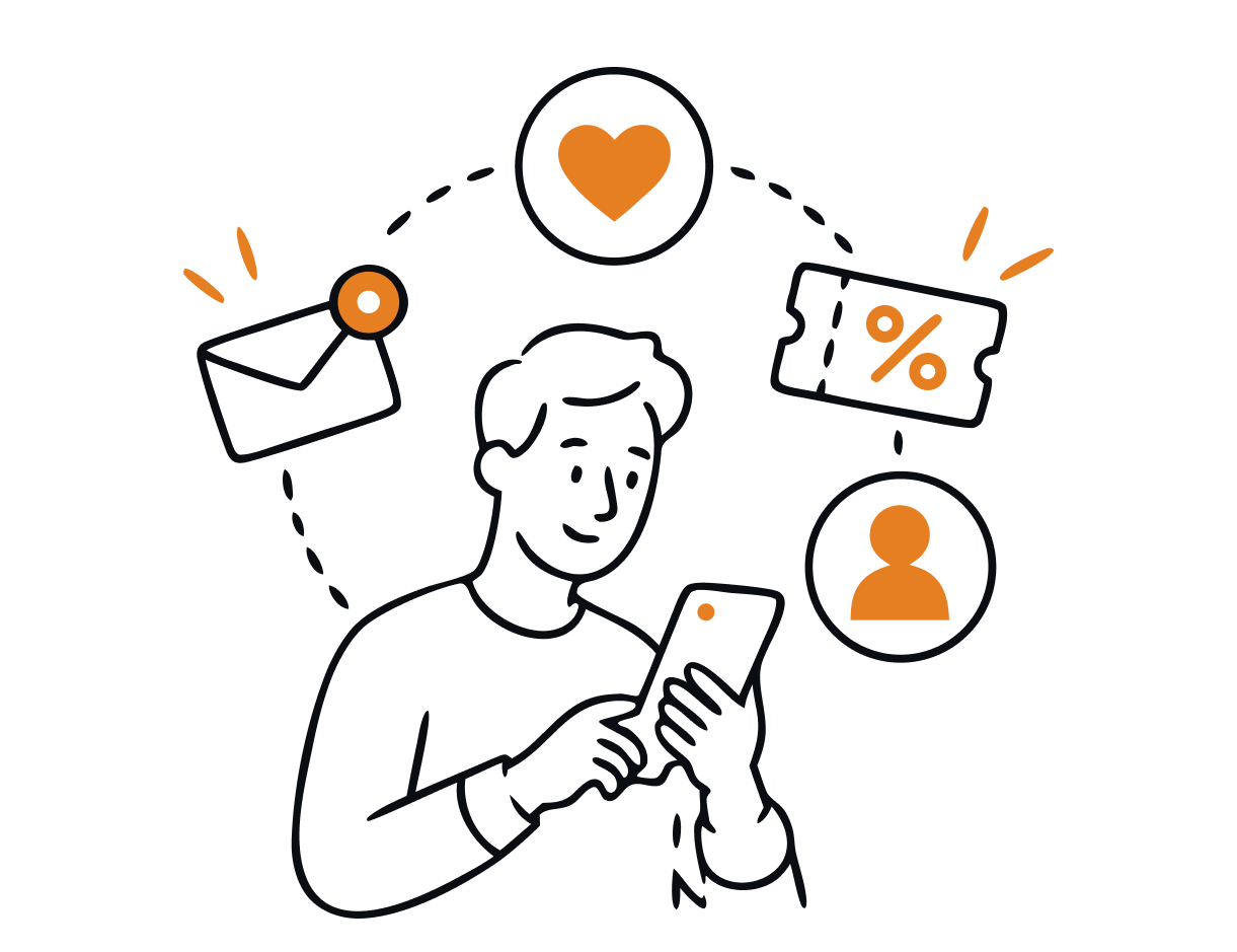 Doodle of a customer receiving a gift card and becoming a repeat customer. The journey is represented by the icons around them: email notification icon, heart icon, gift voucher icon, customer profile icon.