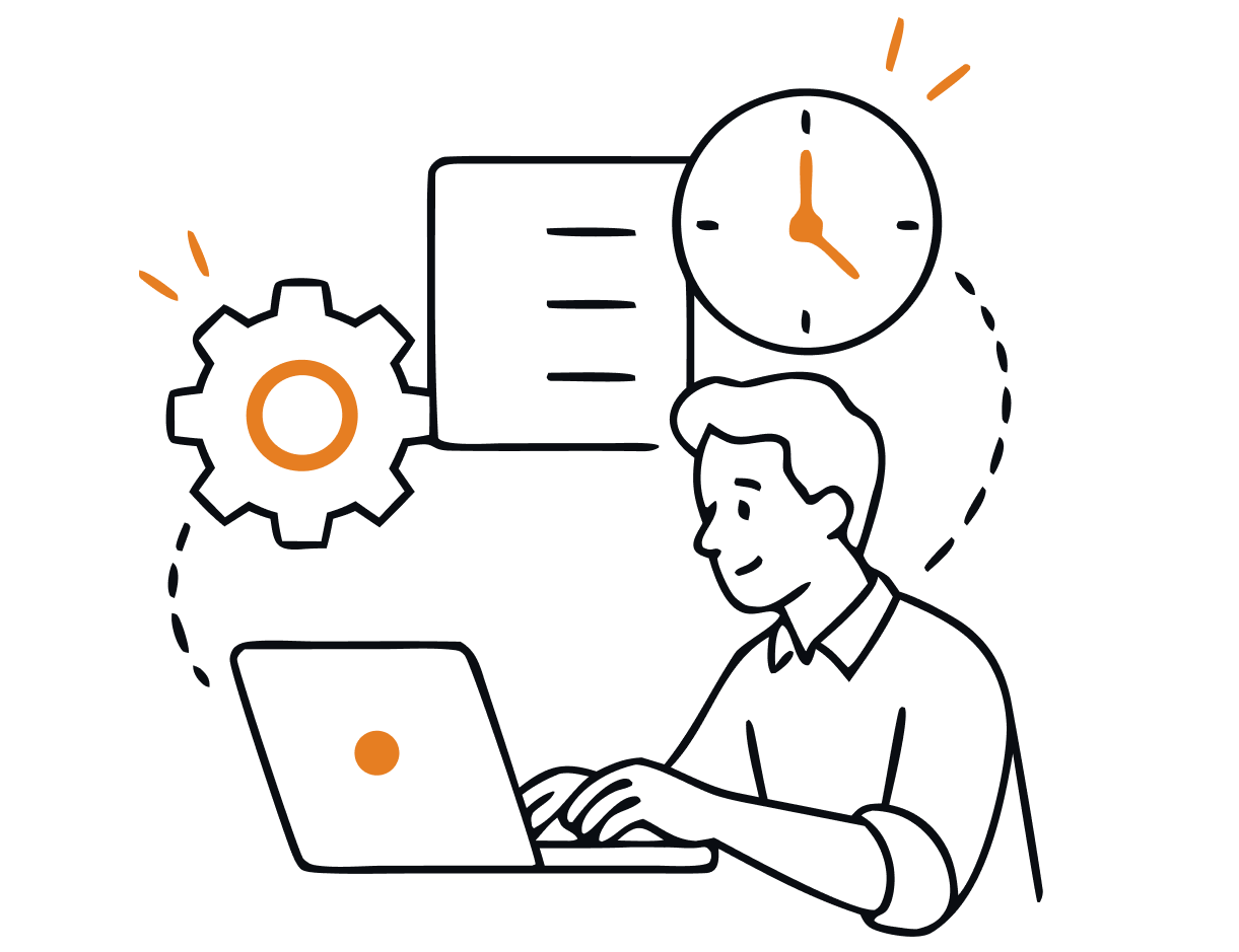 Person working at a laptop, with a cog icon, document icon, and clock icon representing automation and efficient admin.